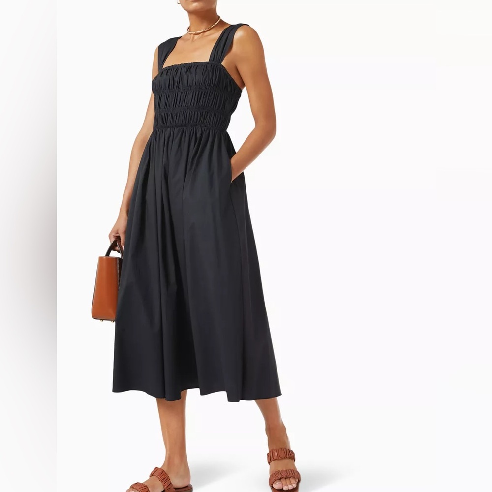 STAUD Black Smocked Midi Sundress